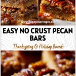 Close-up of golden Pecan Pie Bars with chopped pecans and caramel glaze for an easy no crust dessert.